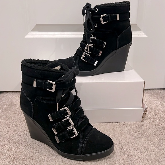 Michael Kors Suede Belted Wedge Ankle Boots - Picture 2 of 14